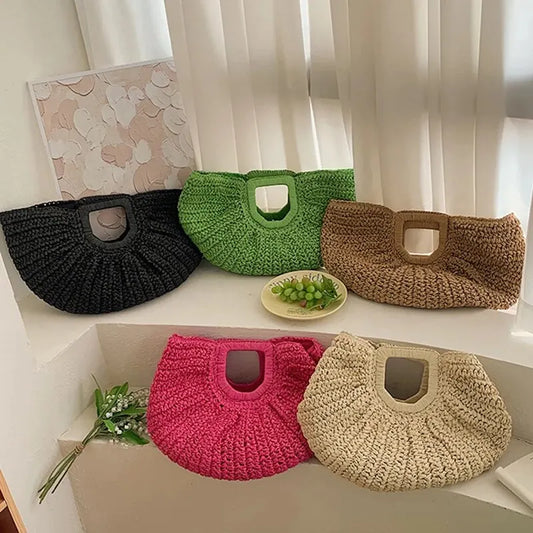 Summer Half-Moon Straw Beach Handbag | Sophisticated Handmade Rattan Handle Tote | Elegant Knitted Bohemian Shoulder Bag | Luxury Fashion-Forward Vacation Purse with "Dignified" Artisan Texture Luxegan