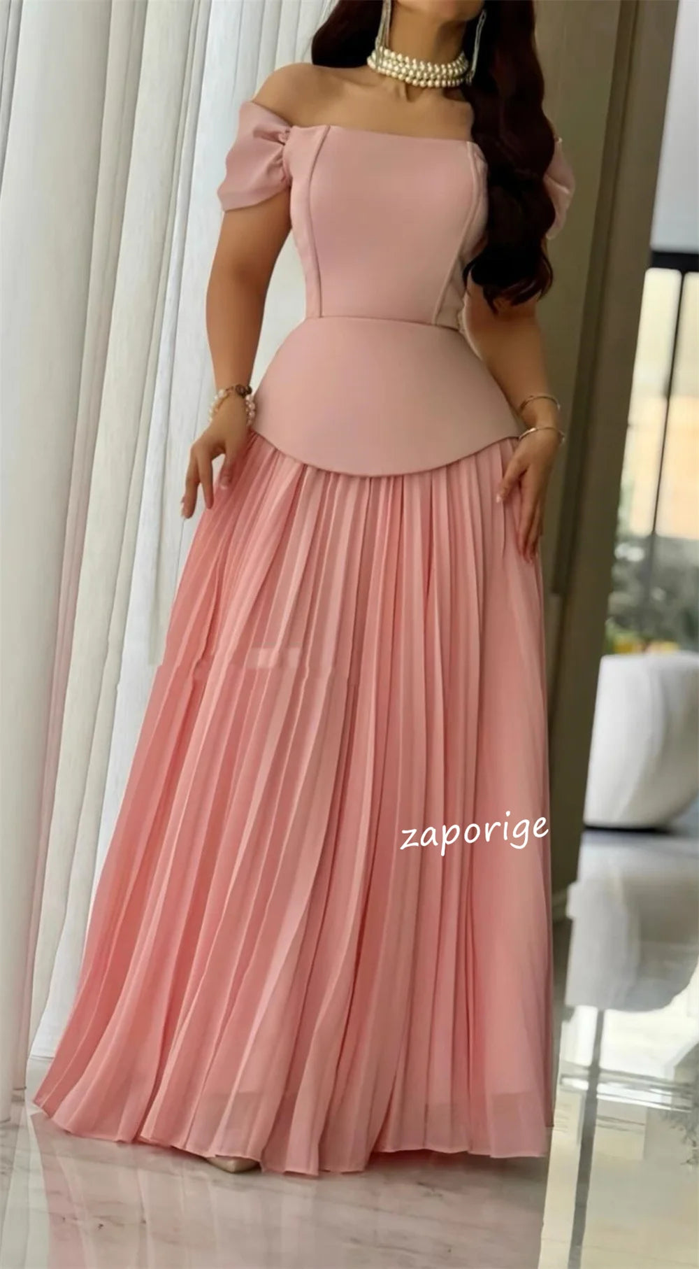 Pleated O-Neck Off-the-Shoulder Short Sleeve A-Line Floor-Length Occasion Dress – Polyester Jersey, Built-In Bra, Natural Waist Luxegan