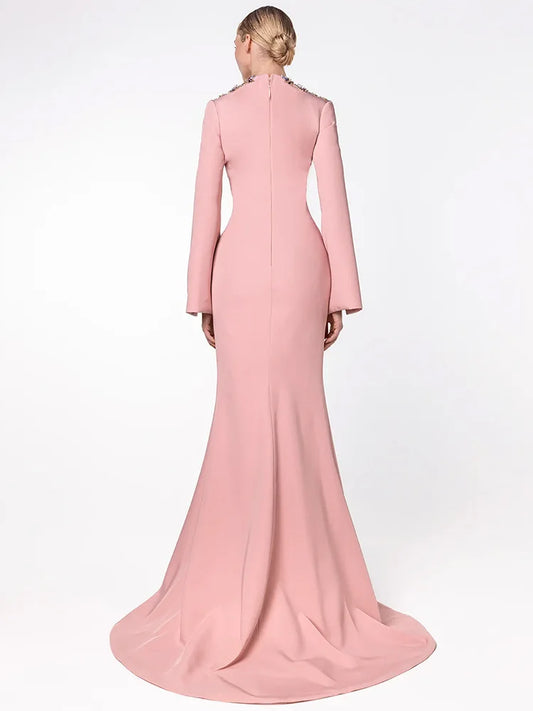 Diamond Beaded Slit Sleeve Maxi Dress | V-Neck Long Sleeve A-Line Designer Evening Gown Luxegan