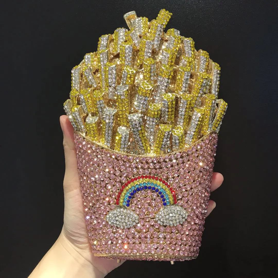 Food-Styling Metal Diamond Purse | Sophisticated Luxury Crystal Evening Bag | Elegant Rhinestone Gala Handbag | "Dignified" Hard-Shell Metallic Minaudière for High-Fashion Parties