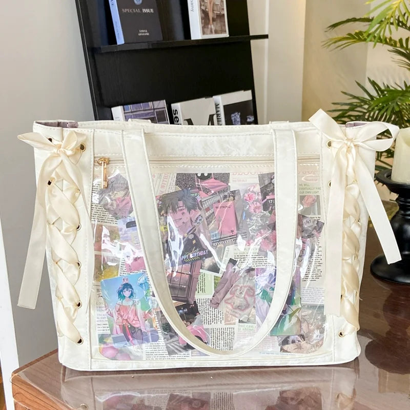 New Versatile Fashion Ribbon Ita Bag | Large Capacity Anime Millet Bag | Sophisticated Green Lace & Bow Shoulder Tote | Fashion-Forward Canvas Daily Outfit Bag with Artisan Charm Luxegan