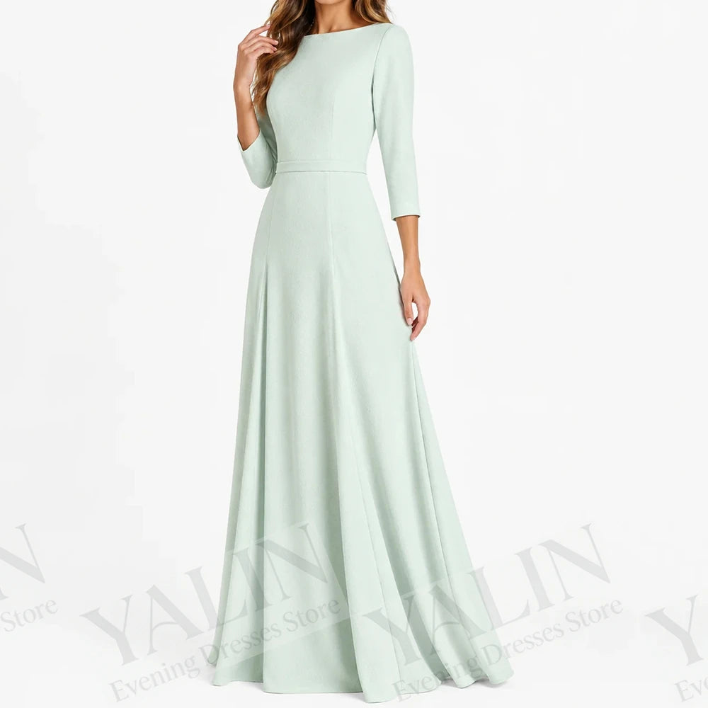 Draped A-Line Prom Gown | Boat Neck Three-Quarter Sleeve Floor-Length Evening Dress Luxegan