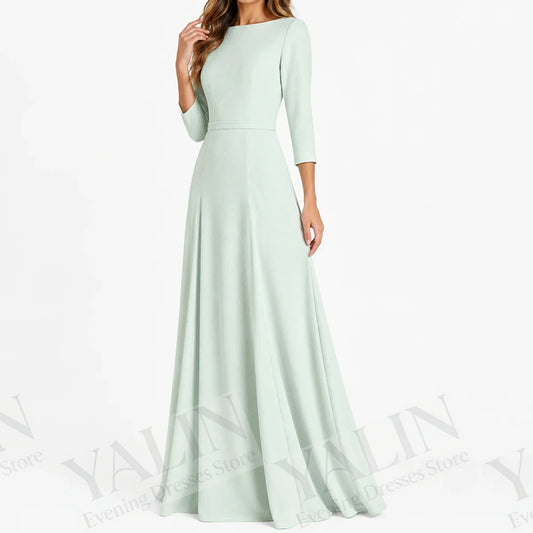 Draped A-Line Prom Gown | Boat Neck Three-Quarter Sleeve Floor-Length Evening Dress Luxegan