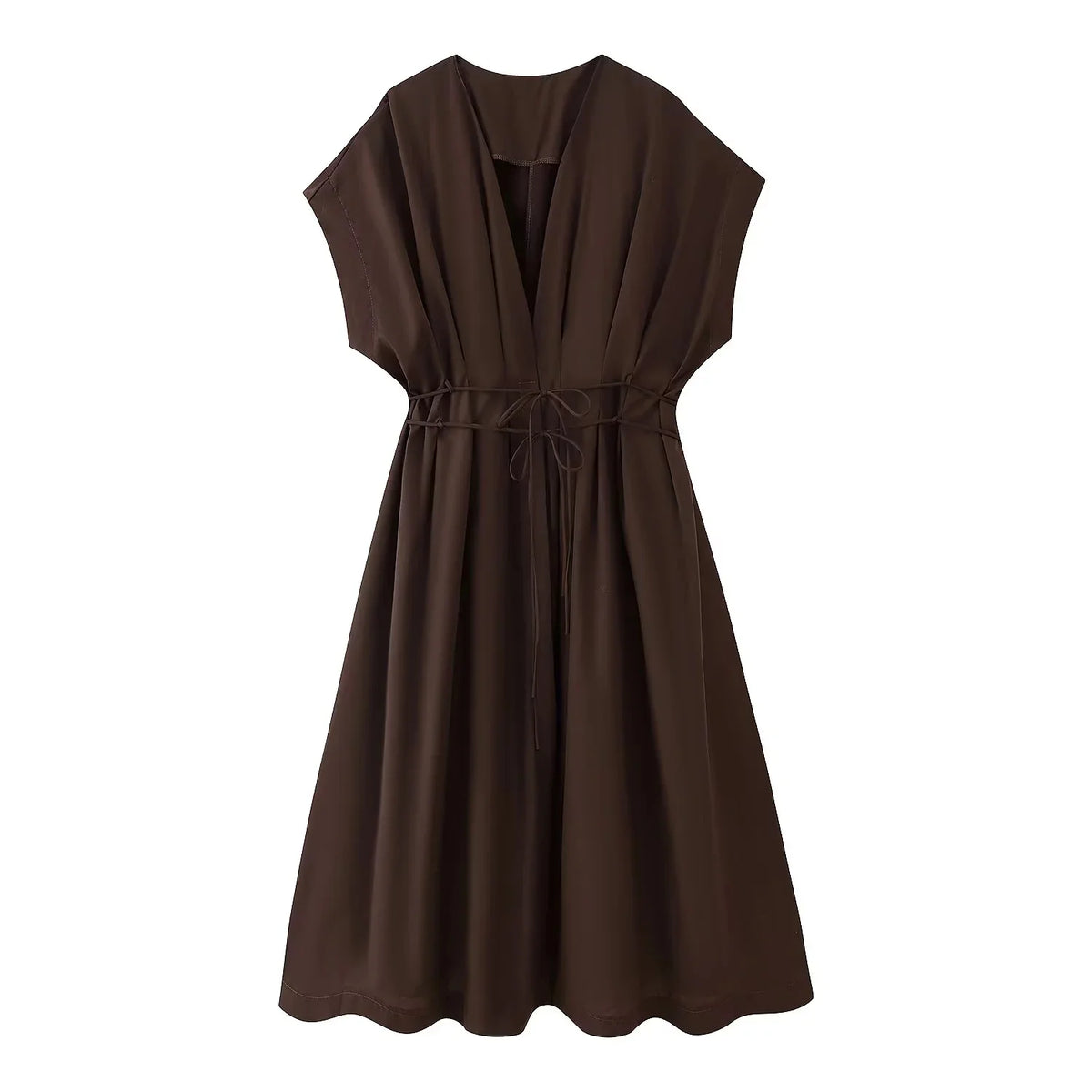 Draped V-Neck Sleeveless A-Line Midi Dress – Loose Fit, Empire Waist, Spring/Summer Luxegan