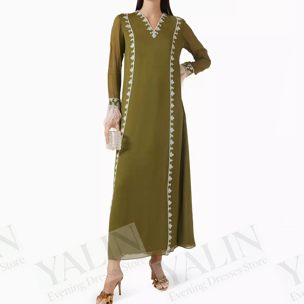 Sequined Feather A-Line Prom Dress | V-Neck Full Sleeve Tea-Length Evening Gown Luxegan