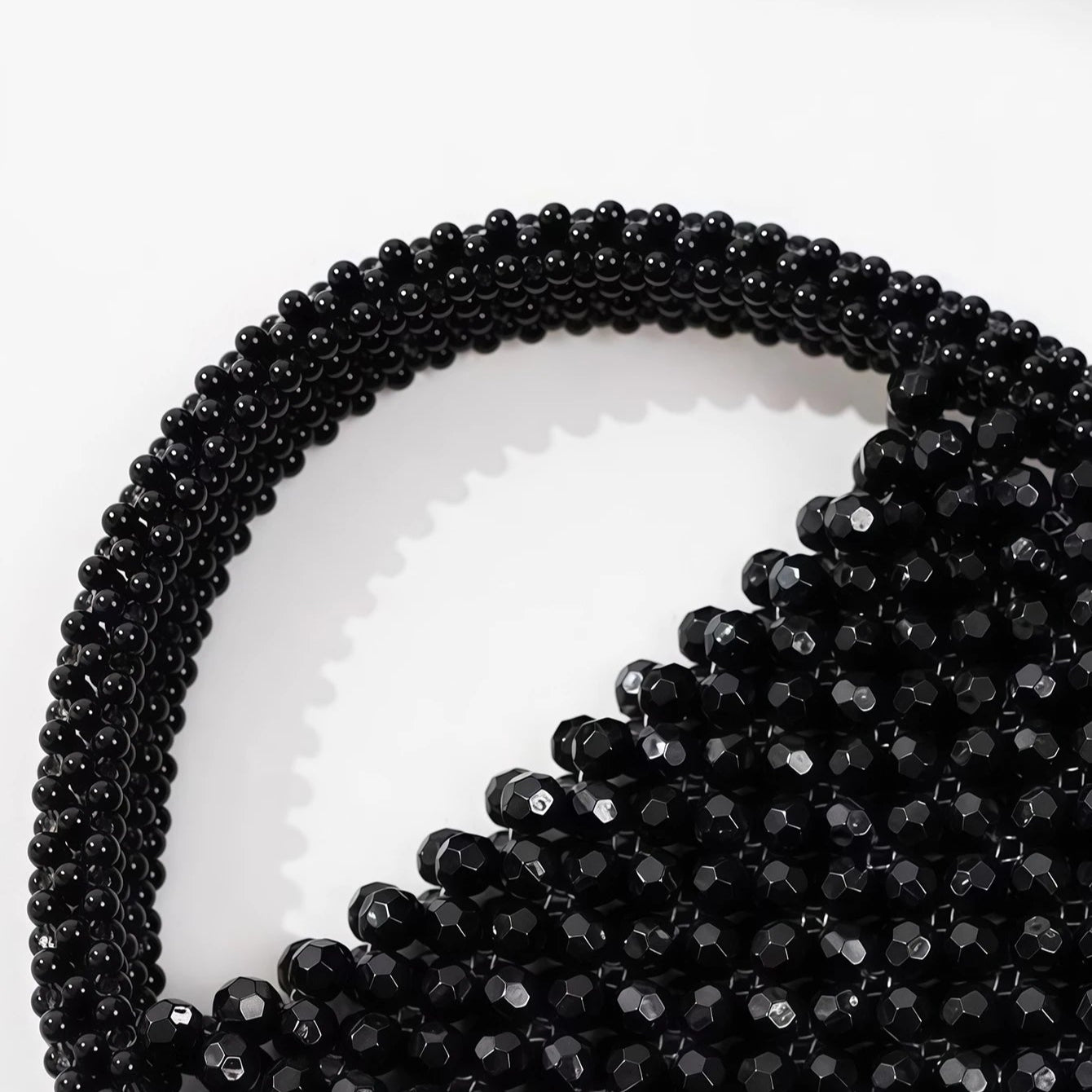 Hollow Hand-Made Pearl & Gold Bead Woven Handbag | Half-Moon Acrylic Bag Luxegan