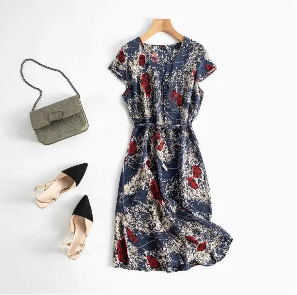 Print Round Neck Flare Sleeve Loose Straight Midi Dress – Mulberry Silk, Summer