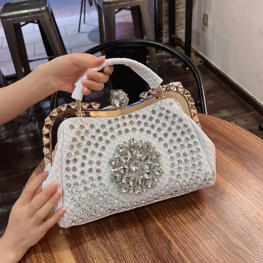 New Luxury Diamond Rhinestone Handbag | Premium Genuine Leather Dumpling Bag | Large Portable Tote with Glittering Clip | Designer Rhinestone Shoulder & Messenger Bag for Women Luxegan