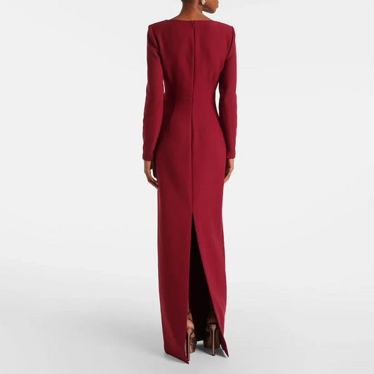 Vestido de noche elegante a medida con escote en V, mangas largas, vestidos de noche de jersey modernos, vestidos de fiesta rectos con flores plisadas
