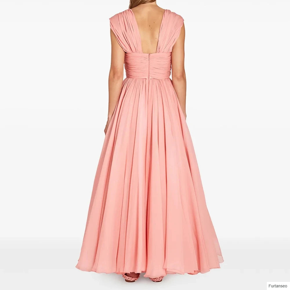 Pleat Bow Draped Backless V-Neck Sleeveless Ankle-Length A-Line Evening Gown Luxegan
