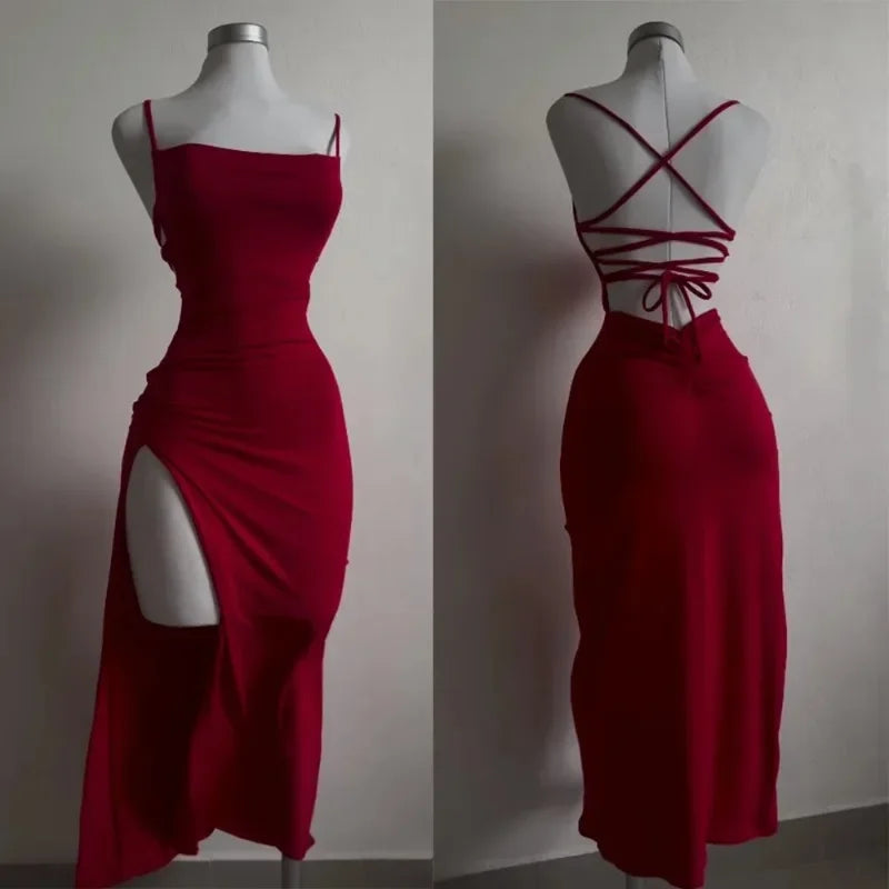 Women's Summer High-Sensibility Halter Dress | Spice Girl Backless Bag Hip Bodycon Dress | Elegant Slash Neck Sleeveless Clubwear | Premium Knit Slight Stretch Slim Fit Straight Maxi Vestido Luxegan