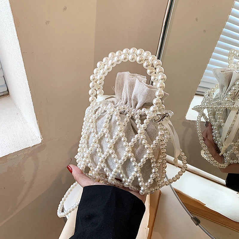 Luxury Pearl Women’s Bucket Tote | Sophisticated Woven Pearl Crossbody Bag | Elegant Small Wallet Handbag | Fashion-Forward "Dignified" Drawstring Purse with Bow Decoration Luxegan
