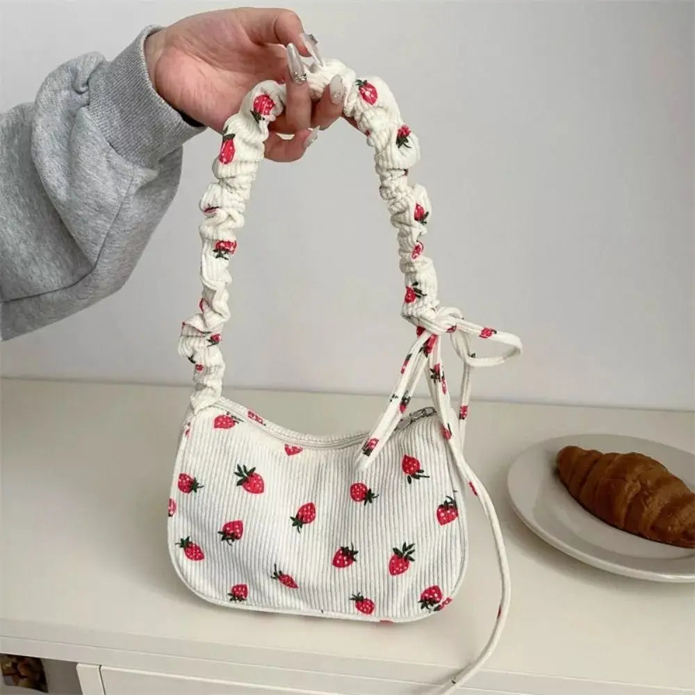 Corduroy Solid Casual Tote | Soft Y2K Strawberry Large Capacity Underarm Bag Luxegan