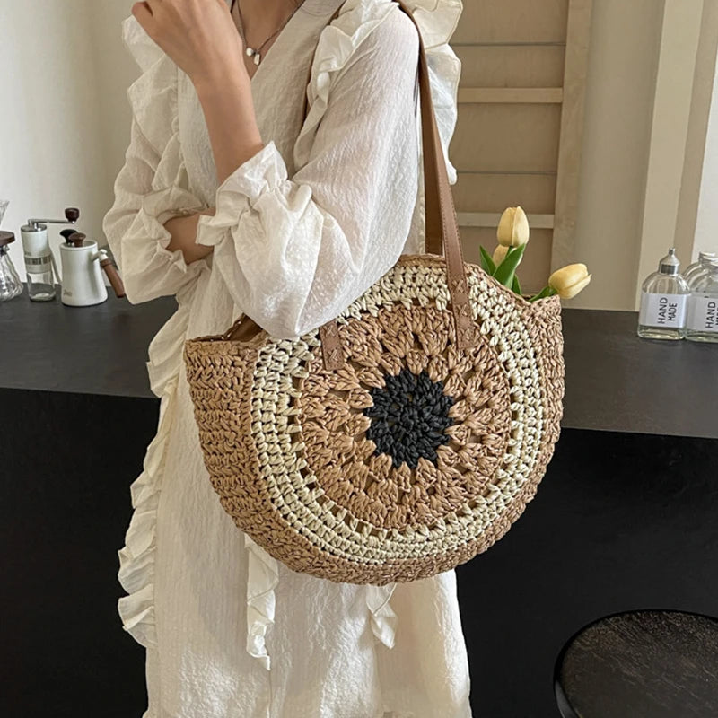 Round Straw Casual Tote Bag | Sophisticated Woven Beach Vacation Handbag | Elegant Holiday Travel Purse | "Dignified" Hard-Shell Circular Bag for Versatile Summer Styling Luxegan