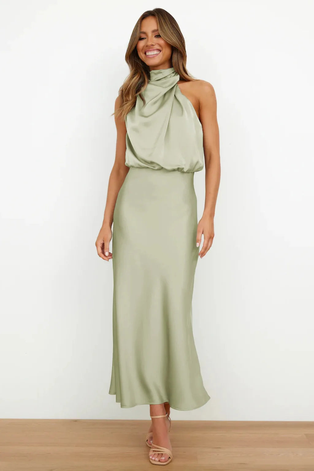 Women's Summer High-End Silk Satin Long Dress | Elegant Celebrity Evening Gown | Luxury Scarf Collar Sleeveless Party Dress | Premium Knit Asymmetrical Slip Maxi Robe Luxegan