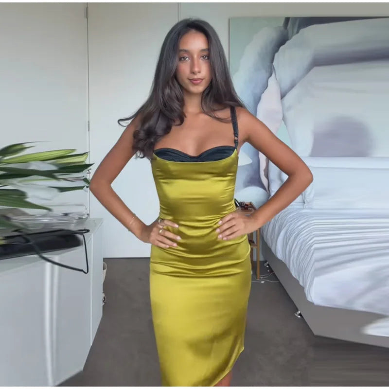 Sexy Satin Sleeveless Slip Midi Dress for Women Elegant Bodycon Evening Cocktail Dresses 2026 New Female Party Clubwear Outfit