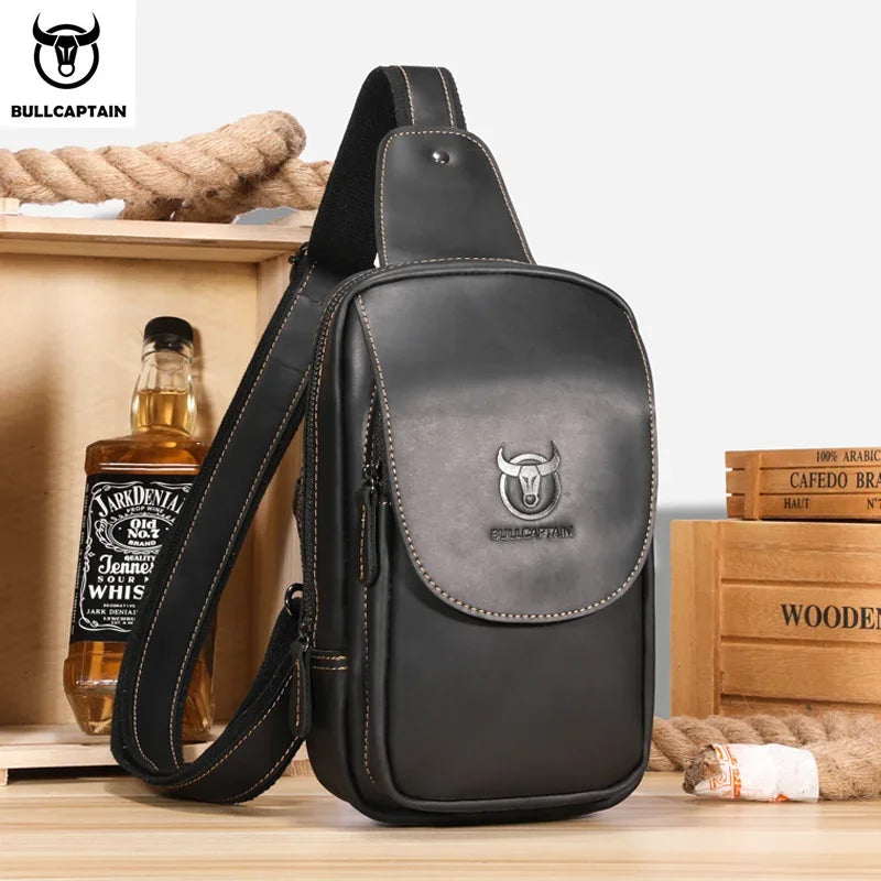 BULLCAPTAIN Bolsos cruzados para hombre de cuero Crazy Horse, bolso de pecho de cuero, bolsos cruzados retro para hombre con bolsillo de cremallera, bolso de viaje corto