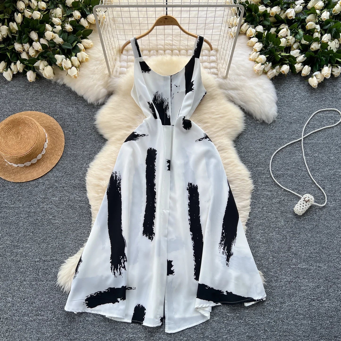 Women's Elegant Summer Print Midi Sundress | Sweet O-Neck Backless Vacation Beach Dress | High Waist Split Regular Fit Camisole Gown | Premium Tatting A-Line Spaghetti Strap Luxegan
