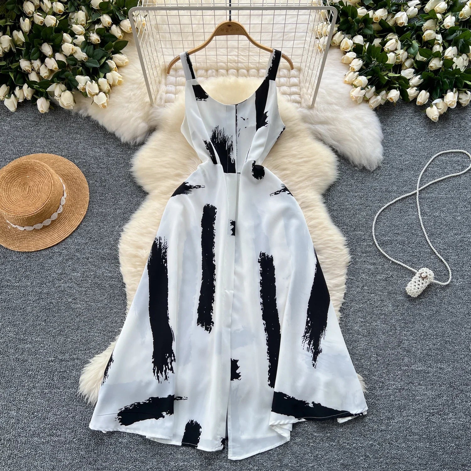 Women's Elegant Summer Print Midi Sundress | Sweet O-Neck Backless Vacation Beach Dress | High Waist Split Regular Fit Camisole Gown | Premium Tatting A-Line Spaghetti Strap Luxegan