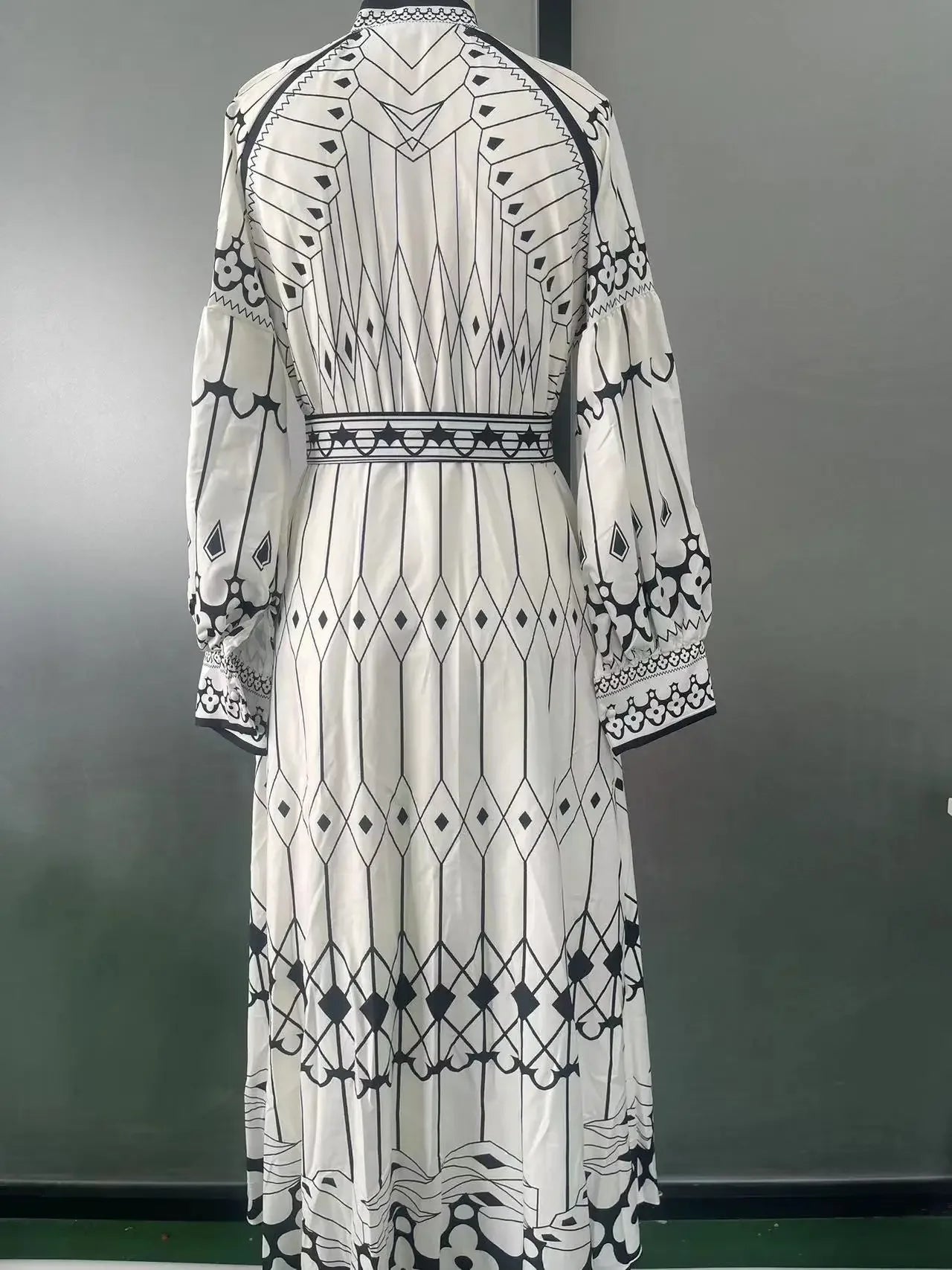 Turn-Down Collar Lantern Sleeve Belted Geometric Print Loose Boho Midi Dress | Retro Elegant - view 4