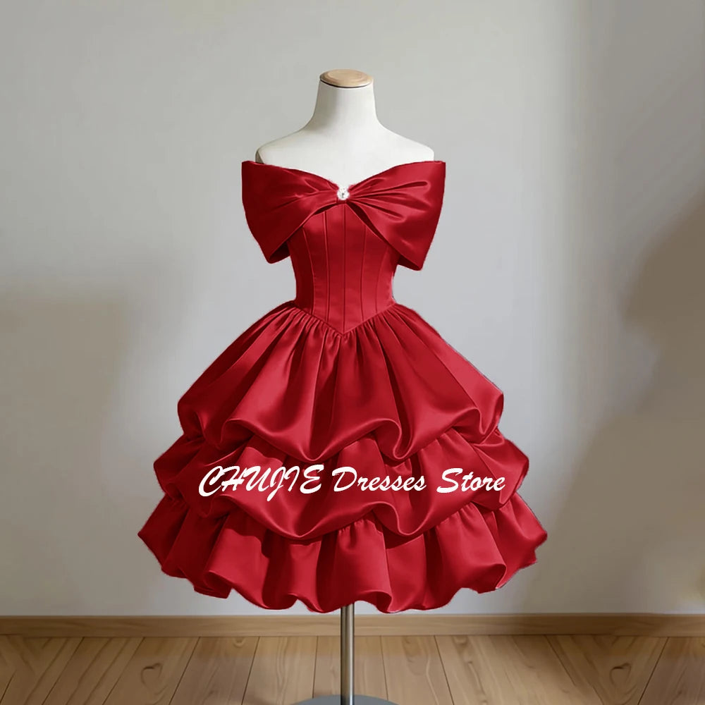 Vintage Off-The-Shoulder Homecoming Mini Dress | Crystal Bow Tiered Graduation Dress | Sleeveless Knee-Length Satin Sweet 15 16 Prom Gown Luxegan