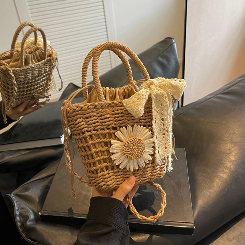New Weave Lace Bow Handbag | Dacron Square Shape Straw Weave Bag & Small Bucket Tote Luxegan