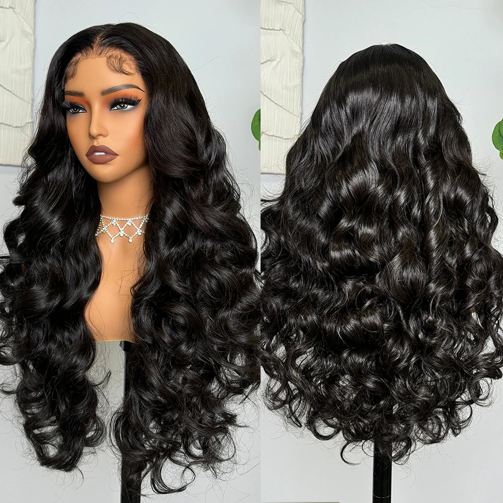 Long Body Wave Highlight Wear-and-Go Glueless 6x6x1 T-Part Lace Closure Wig - Pre-Plucked & Bleached Knots Mixed Hair Wig - Transparent Swiss Lace Human Hair & Synthetic Blend Wig for Women Luxegan