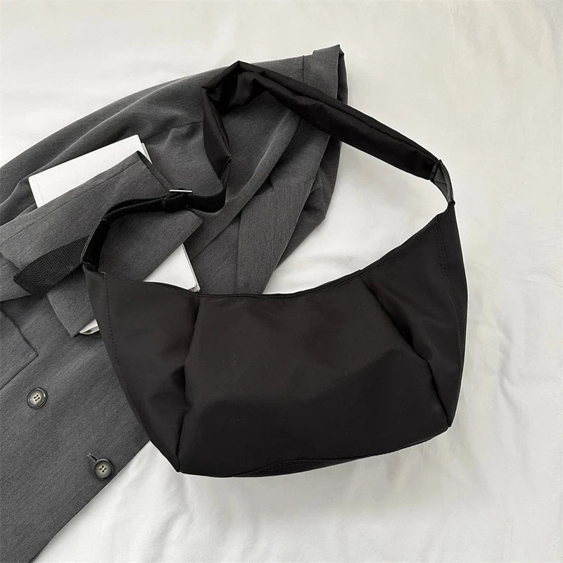 Fashion Large Capacity Hobo Bag | Casual Oxford Cloth & PU Leather Women's Half Moon Crossbody Tote Luxegan