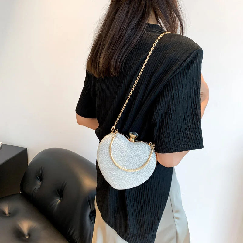 Shiny Heart Shape Metal Evening Clutch Bag for Women | Fashion Chain Shoulder Crossbody Bag (Luxury Lady Purse) Luxegan