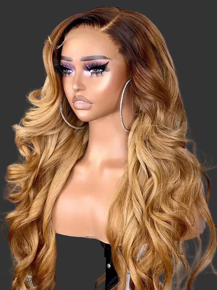 Honey Blonde #4/27 Body Wave Wig | Sophisticated 13x6 HD Transparent Lace Frontal | Elegant "Brown Root" Brazilian Human Hair | "Dignified" 26+ Inch Pre-Plucked Remy Hair for Radiant Versatile Styling Luxegan