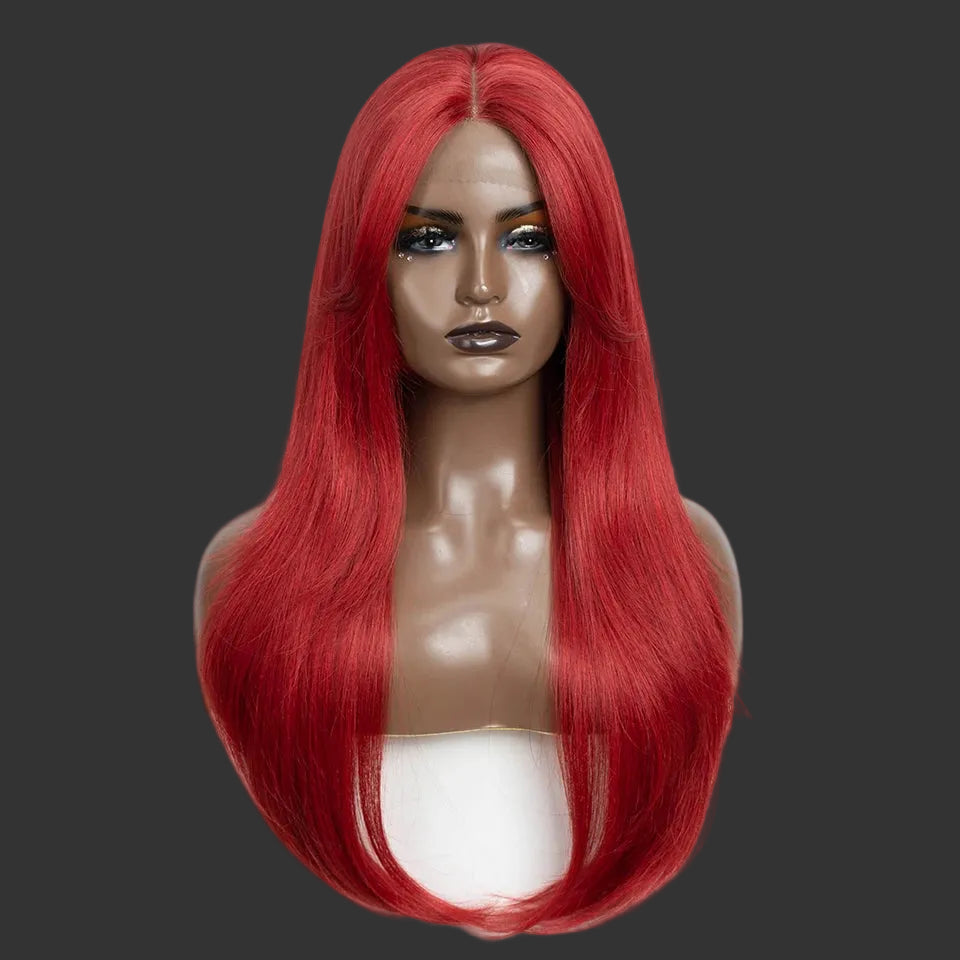 26-Inch Ombre Brown Highlight Blonde Synthetic Lace Front Wig with Bangs - Long Straight High Temperature Fiber Swiss Lace Wig - Transparent Lace Glueless Wig for Daily Use & Cosplay (197g) Luxegan
