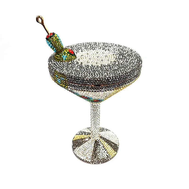 Stunning Rhinestone Martini Glass Purse | Sophisticated Luxury Crystal Olive Cocktail Bag | Elegant Bridal & Evening Party Clutch | "Dignified" Hard-Shell Metallic Minaudière for High-Fashion Styling Luxegan