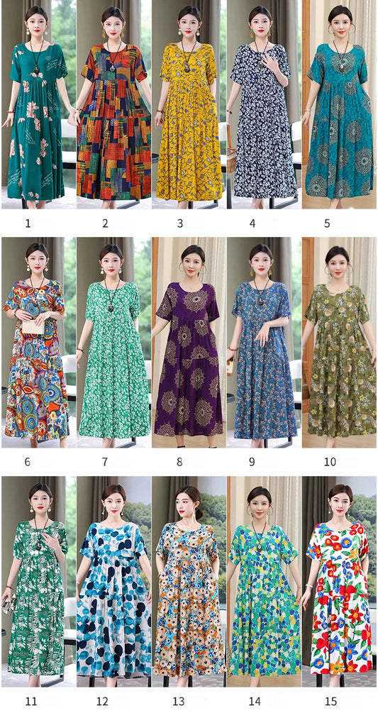 Printed Cotton Blend A-Line Dress – Short Sleeve, Casual Summer Midi Dress