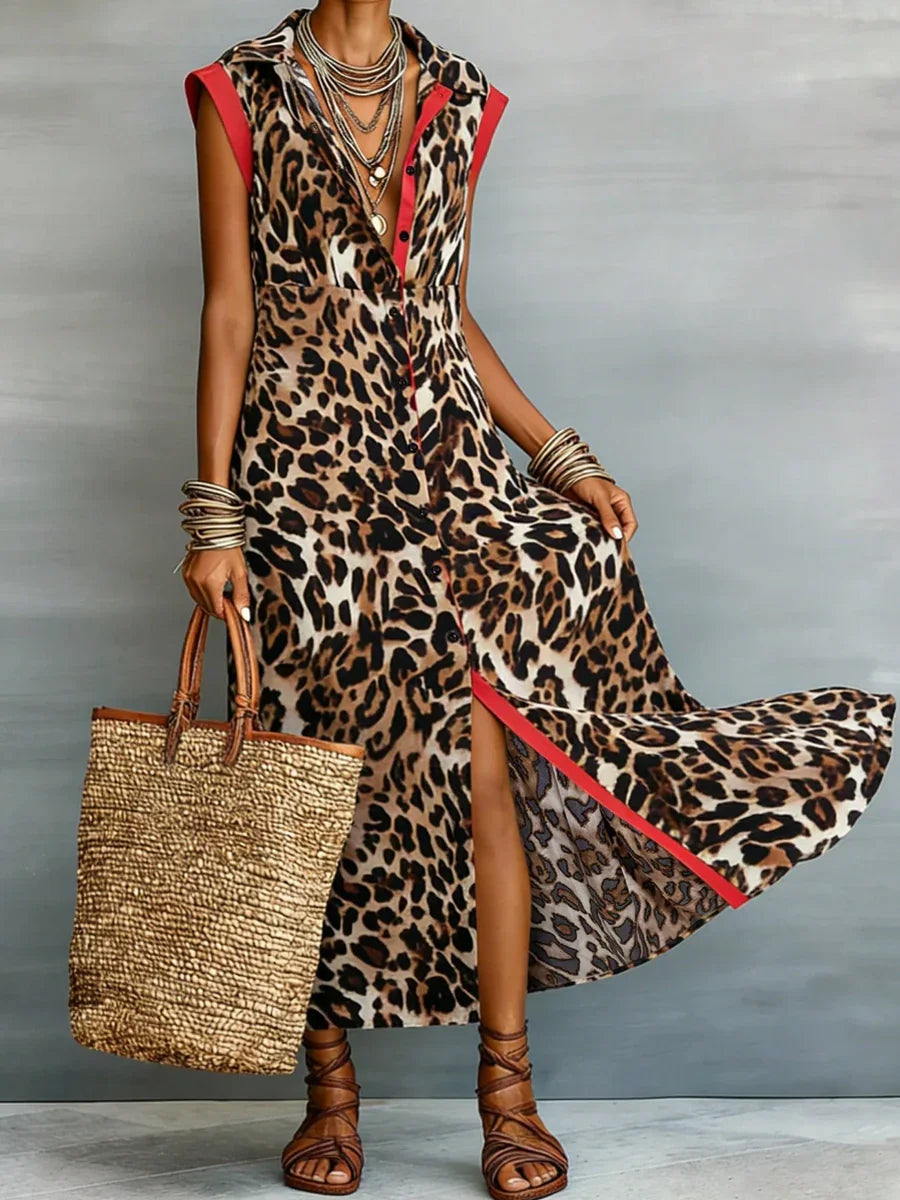 Women's Leopard Print Lapel Button Sleeveless A-Line Maxi Dress Luxegan