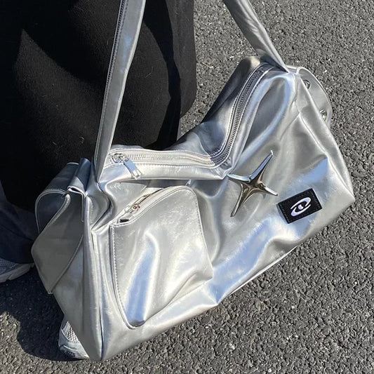 Silver Y2K Tote Bag for Women | Aesthetic Luxury Designer Large Capacity Shoulder Bag (Commuter PU Leather Shopper Handbag) Luxegan