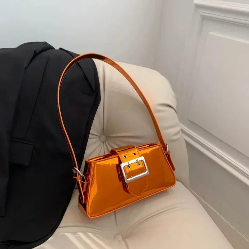 New Luxury Design Women's Glossy PU Leather Armpit Bag | Fashion Party Handbag (Patent Leather Silver Shoulder & Crossbody Bag) Luxegan