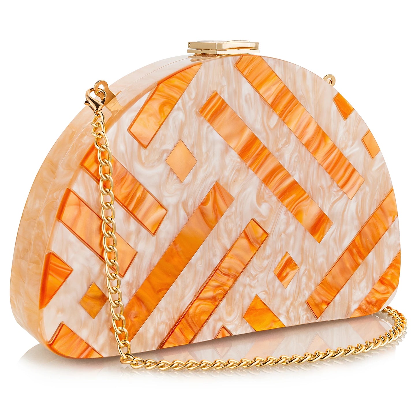 Elegant Acrylic Evening Box Bag for Women | Sophisticated Half-Moon Clutch Purse | Luxury Lady’s Prom and Wedding Party Handbag | High-Street Fashion Minaudiere Shoulder Bag with Chain Decoration Luxegan