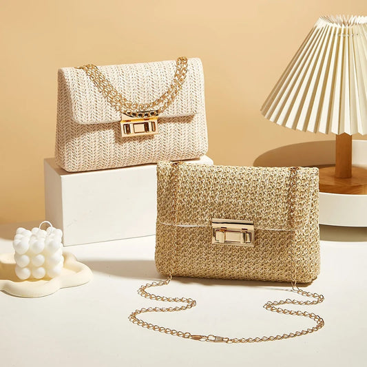Fashion Crossbody Bags for Women | Simple Straw Shoulder Bag & Women's Lock Closure Bag (Small Square Purse Summer Money Bag) Luxegan