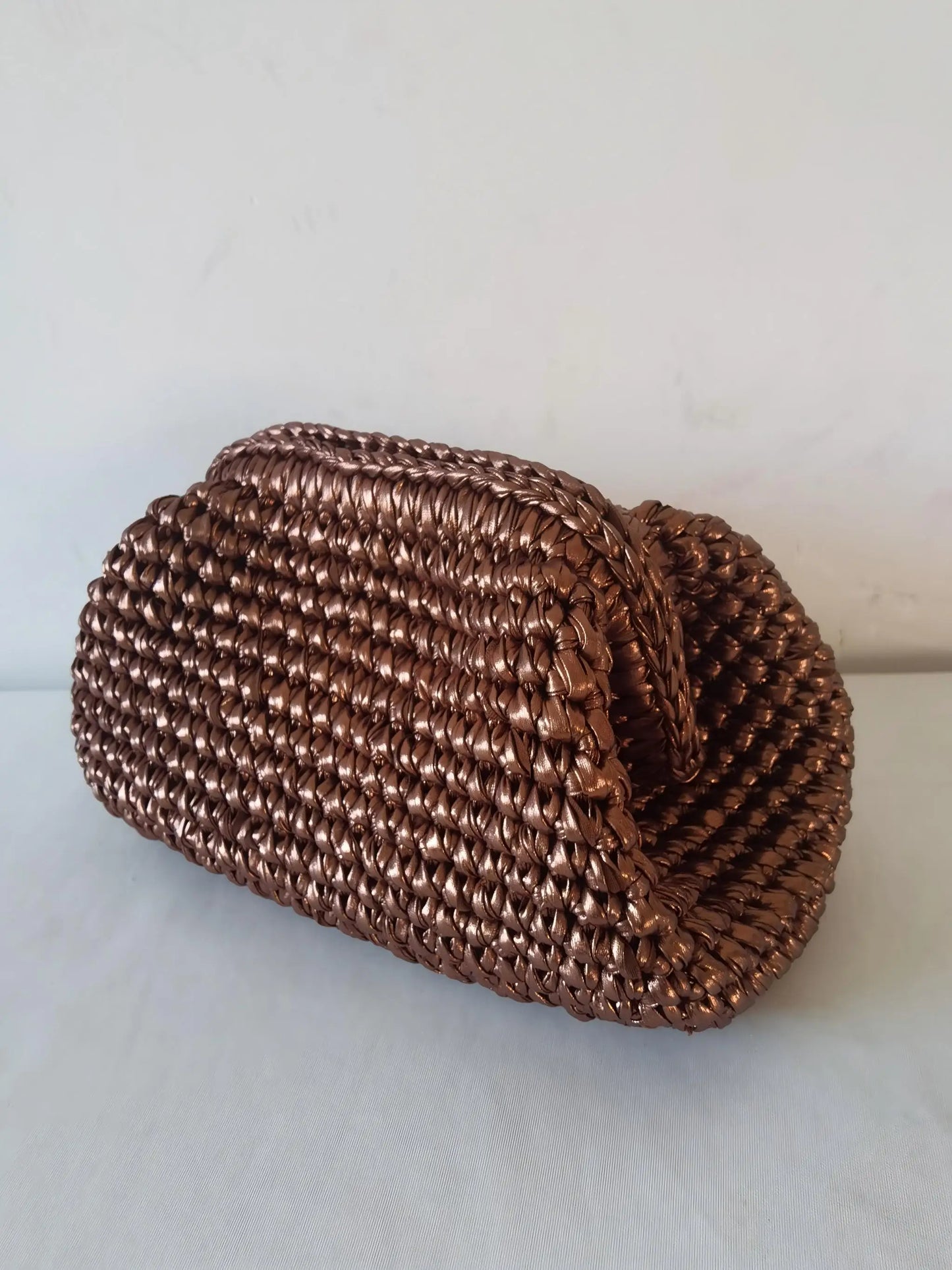 Metallic Lustre Crochet Underarm Bag | Sophisticated Cloth-Strip Woven Clutch | Elegant Large-Capacity Knit Tote | "Dignified" Soft Polyester Handbag for Versatile Everyday Chic Luxegan