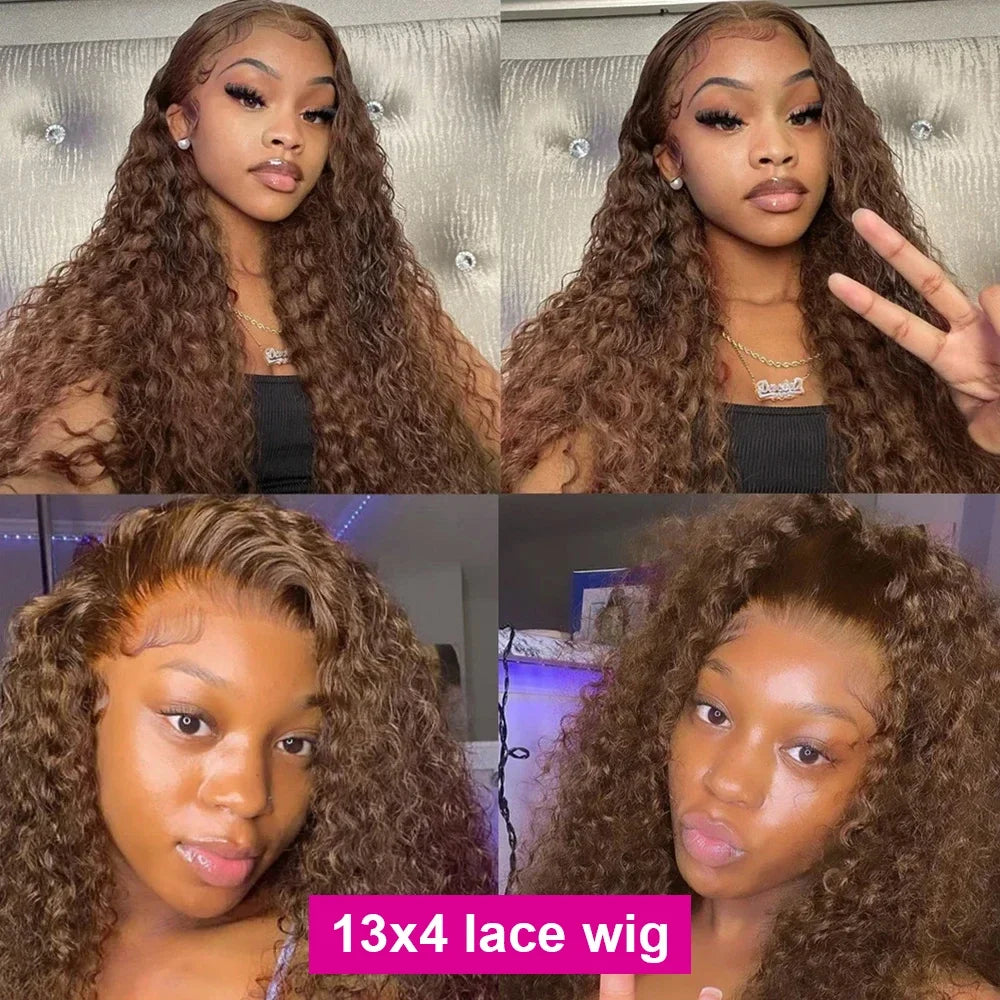 34-Inch Highlight Jerry Curly HD Lace Frontal Wig | Sophisticated 250% Density 13x4 Transparent Lace | Elegant "Chocolate Brown" Highlighted Silhouette | "Dignified" Pre-Plucked Deep Wave Human Hair for Radiant Versatile Styling Luxegan