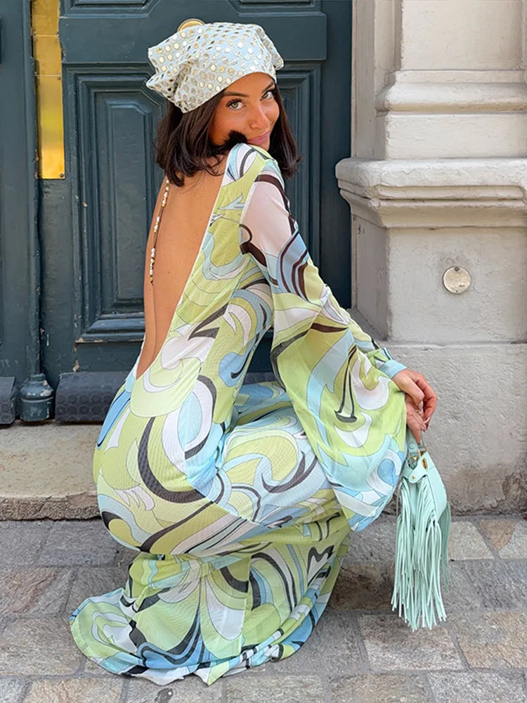 O-Neck Full Flare Sleeve Backless Print A-Line Maxi Dress | Bodycon Empire Waist Beach Summer Dress Luxegan