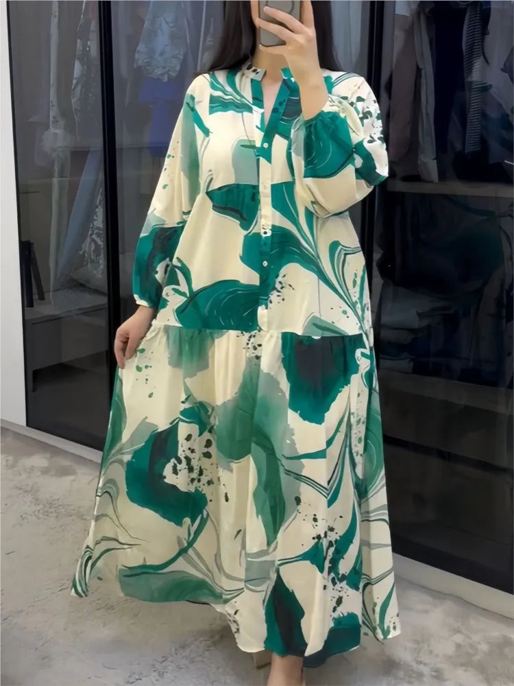 Women's Printed Loose Long Shirt Dress | Elegant Spliced Spring Autumn Long-Sleeved Gown | New Fashion Single-Breasted Office Lady Robe | Premium Tatting Slight Stretch A-Line Ankle-Length Dress Model SA-0725 Luxegan