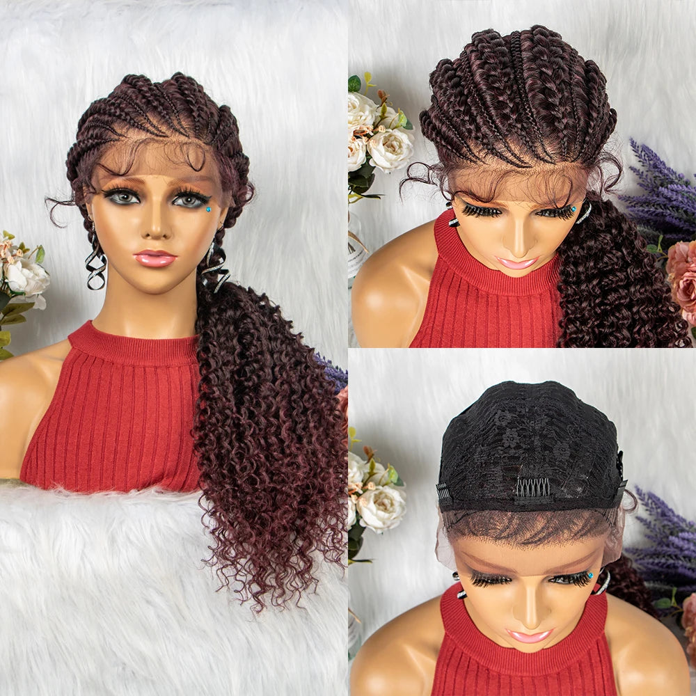  28" Burgundy Knotless Braids Wig with Curly Ends | Lace Front | Baby Hair Luxegan