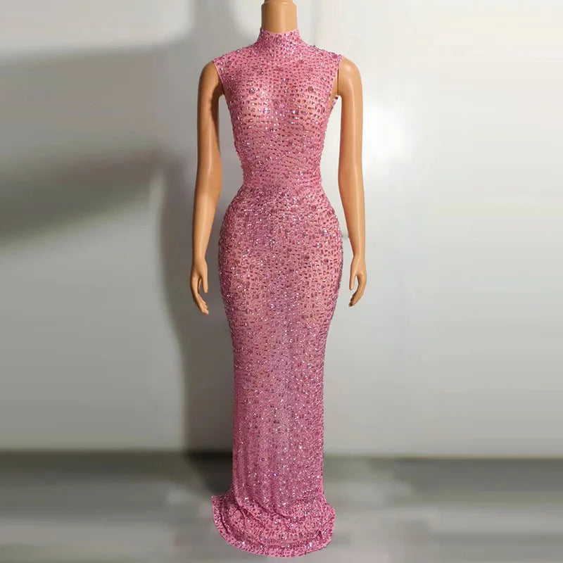 Luxurious Rhinestone Celebration Party Dress | Sparkling Couture Baby Shower Gown | One-Shoulder Turtleneck Medium-Stretch Sheath Dress Luxegan