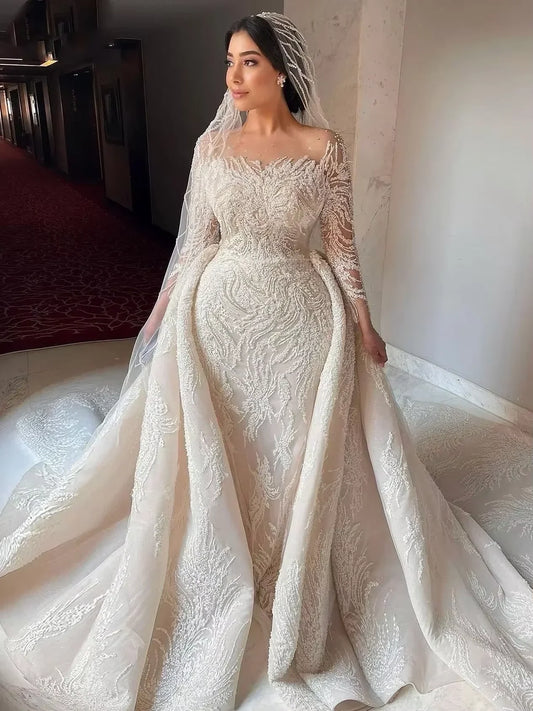 Customized Long Sleeve Mermaid Wedding Gown | Sophisticated "Luxury Sequined" Silhouette | Beaded Bridal Dress with Detachable Train | "Dignified" High-Performance Tulle Vestidos for Radiant Versatile Styling Luxegan