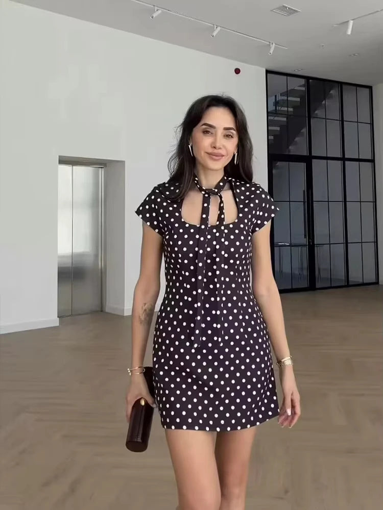 Polka Dot Lace-Up Short Sleeve Slim Straight Mini Dress – Summer Luxegan