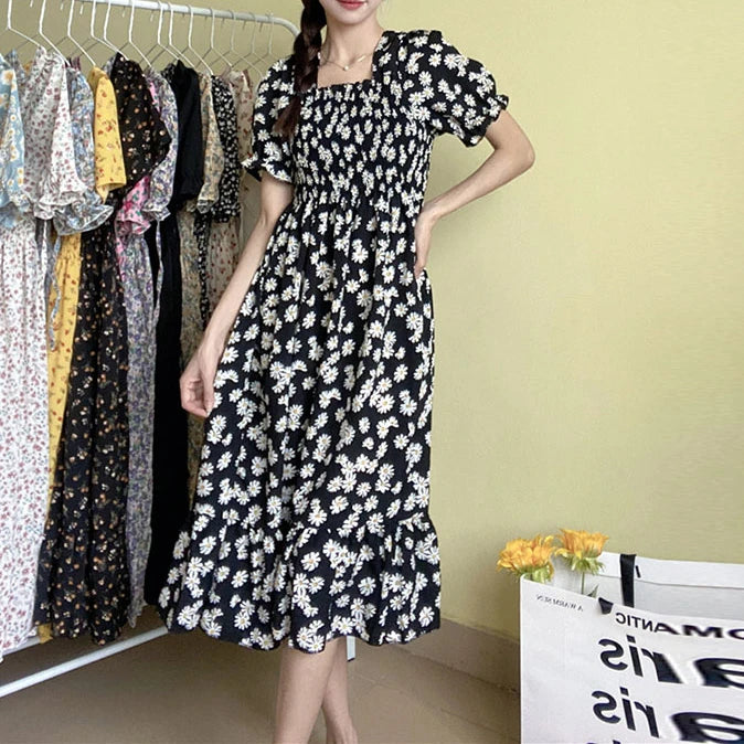 Women's Printed Chiffon Short-Sleeve Dress | Elastic-Waist Pleated A-Line Summer Dress | Slash-Neck Knee-Length Casual Slim-Fit Gown Luxegan