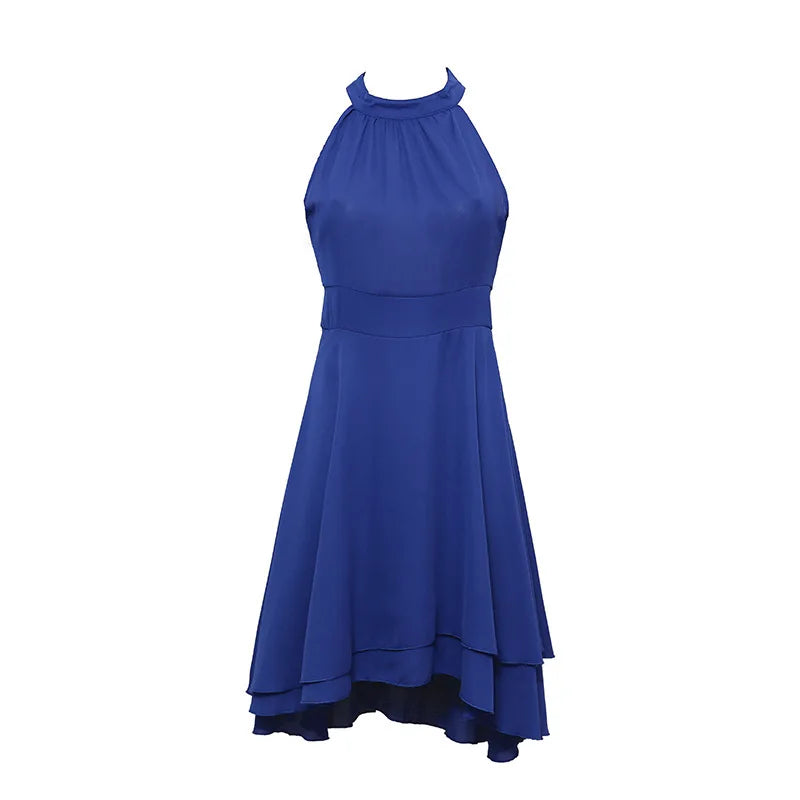 Solid Halter Sleeveless Gauze Overlay Slim Fit A-Line Mid-Calf Dress – Natural Waist, Summer Luxegan