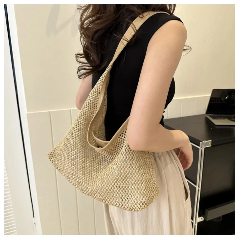 Casual Woven Straw Bucket Bag | Large Capacity Underarm Shoulder Bag | Women’s Fashion Solid Color Tote | Minimalist Summer Weave Handbag Luxegan