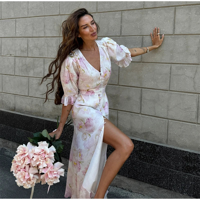 Fashion Women's Printed Ruffled Dress Elegant Short Sleeve Female V Neck Maxi Dresses 2026 Summer Elegant New Lady Vestidos